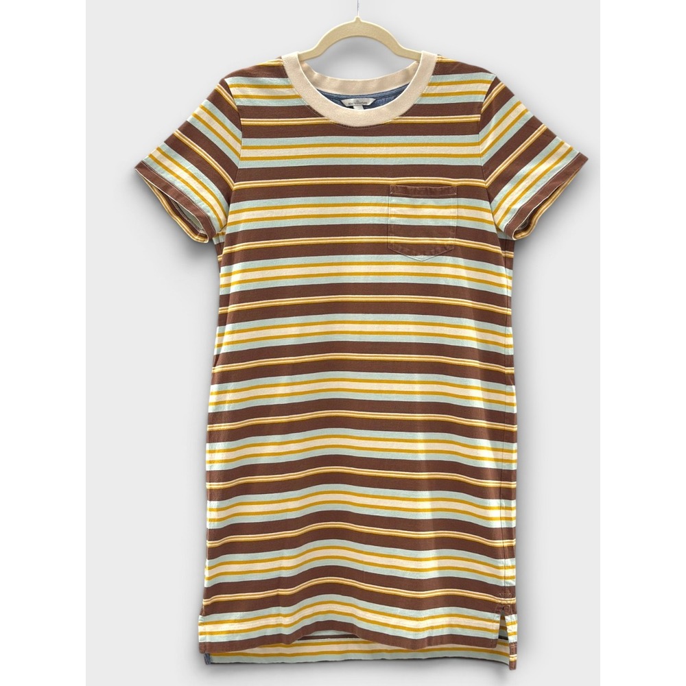 LL Bean Signature Striped T Shirt Dress Medium Brown Blue Pocket Cotton Granola